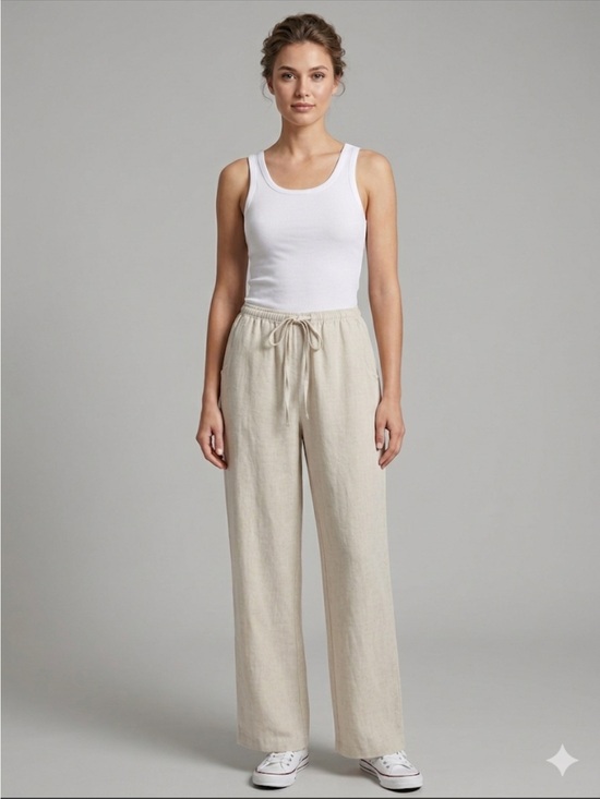 Blenca Pants - Relaxed Linen Pants Wide Leg Drawstring Waist Slit Side Pockets Beige Sz Medium